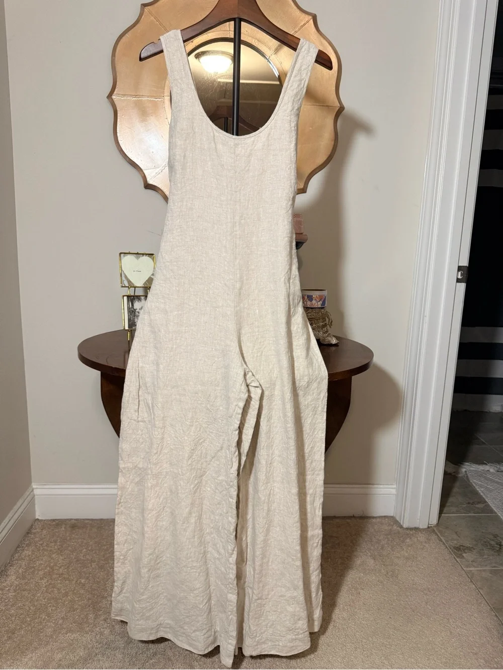 Reformation Women’s Nell Jumpsuit Linen Oatmeal Sleeveless Wide-Leg Jumpsuit Tie